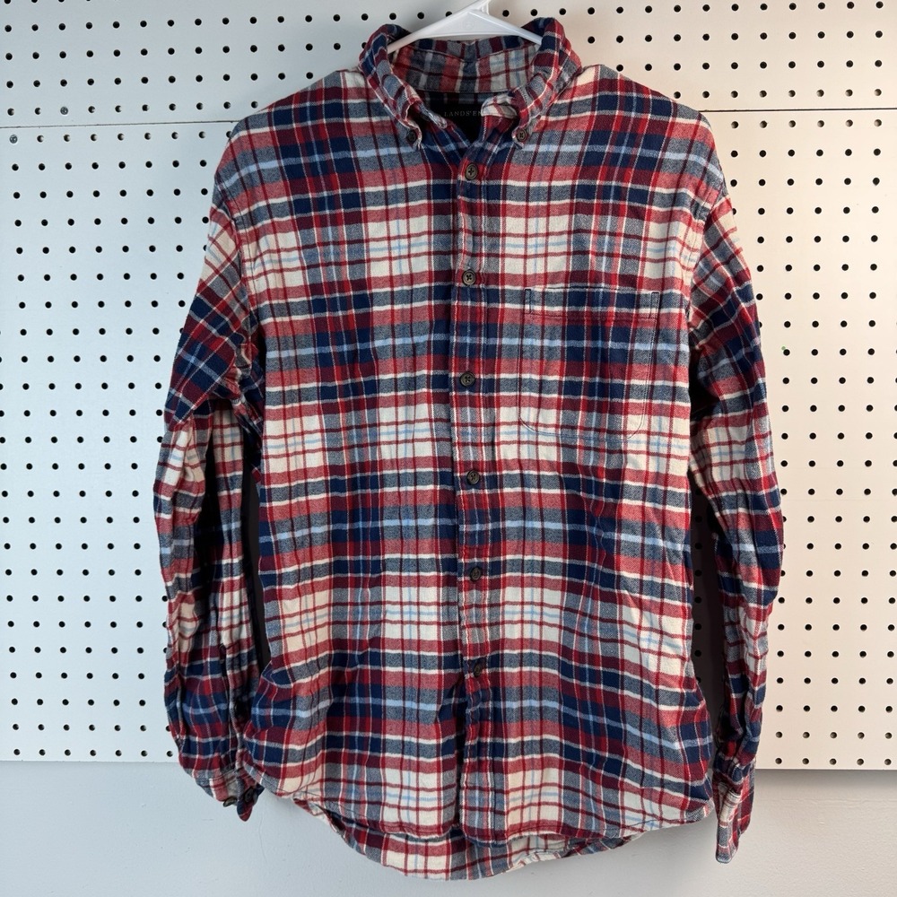 Lands' End Flannel Shirt M Red White Blue Plaid · 100% Cotton Workwear Outdoor‎